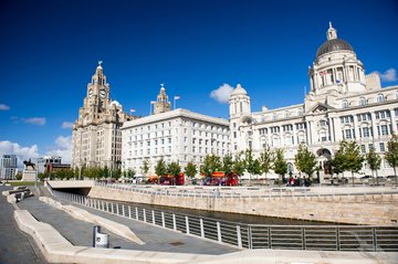 Das Royal Liver Building, das Cunard Building und Port of Liverpool Building bilden 
